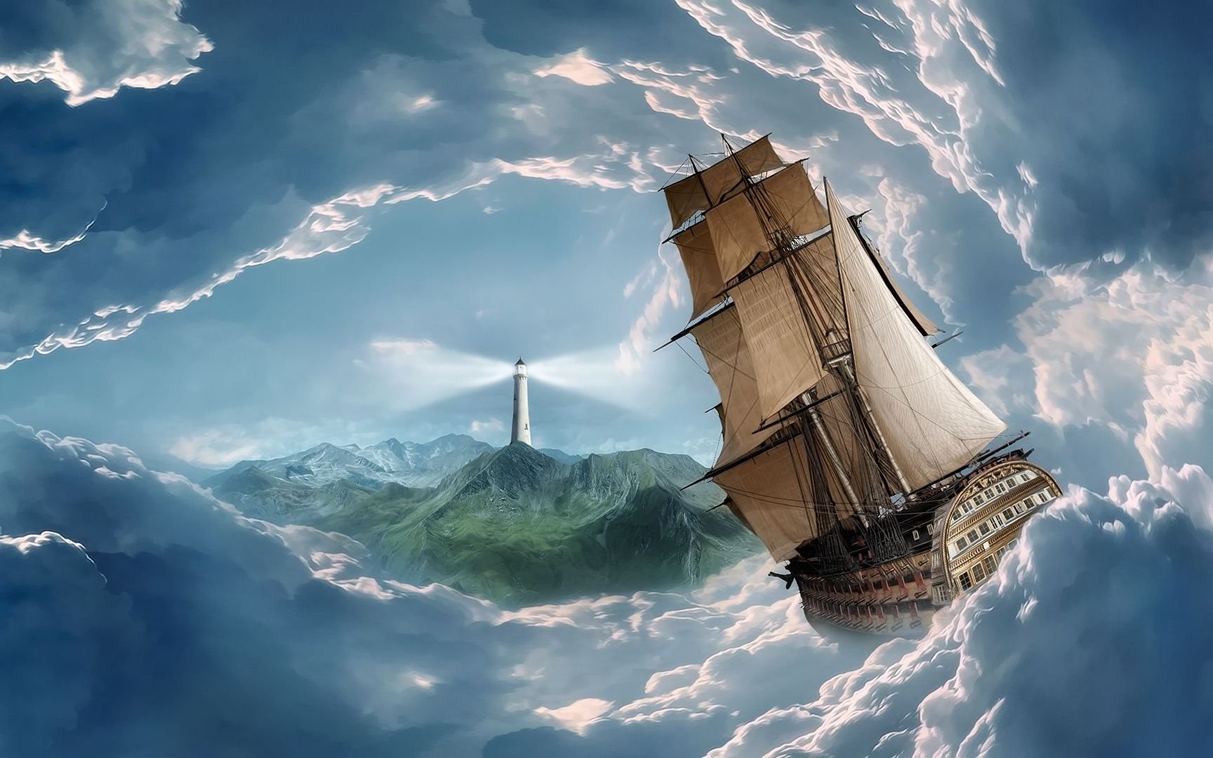 ship sailing clouds lighthouse gate Wallpaper