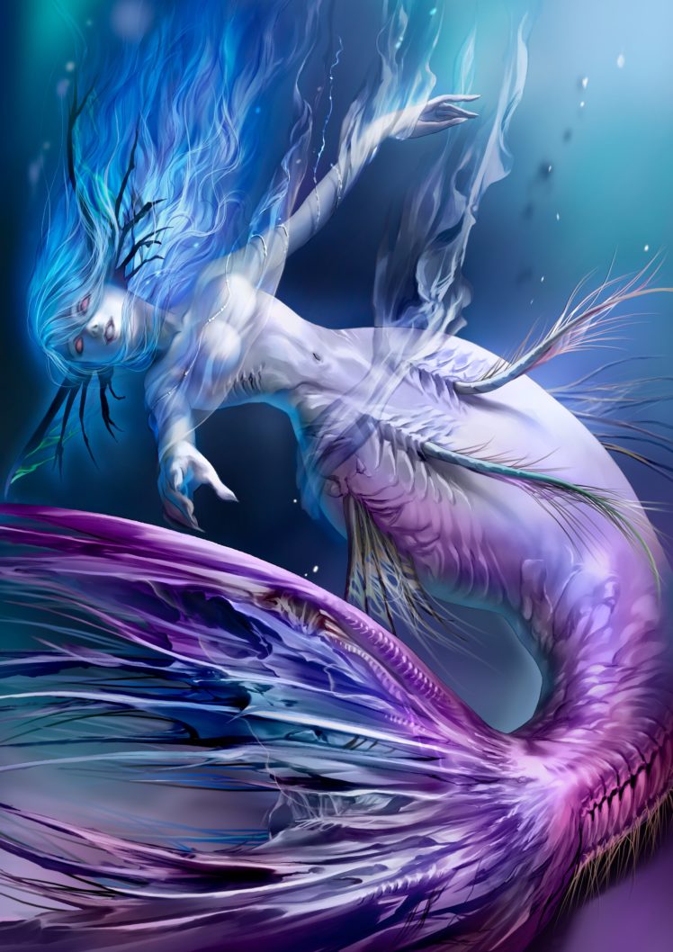 alteil, Mermaid, Water, Red, Eyes, Blue, Hair, Girl HD Wallpaper Desktop Background