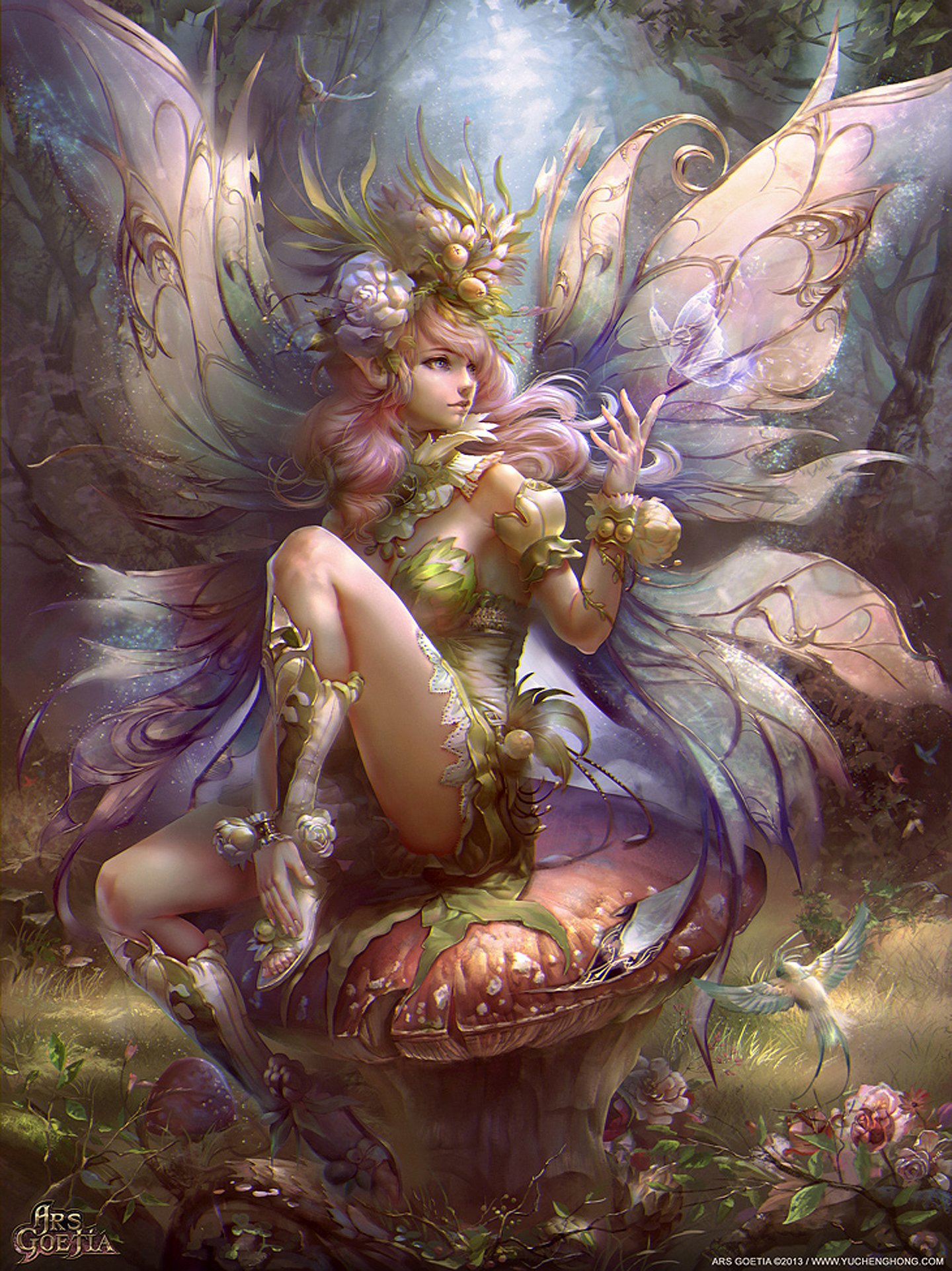 fairy, Fantasy, Forest, Tree, Flower, Girl, Wings, Bird Wallpaper