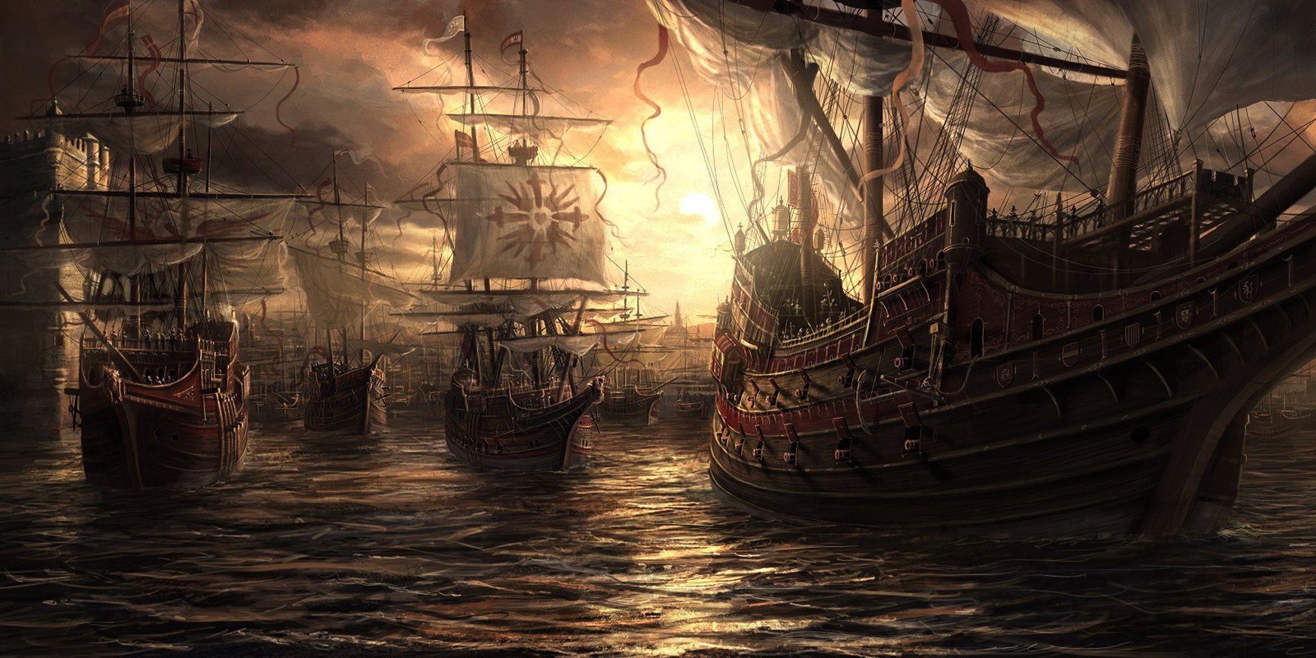 sea, Sunlight, Ship, Fantasy, Landscape, Flag Wallpaper