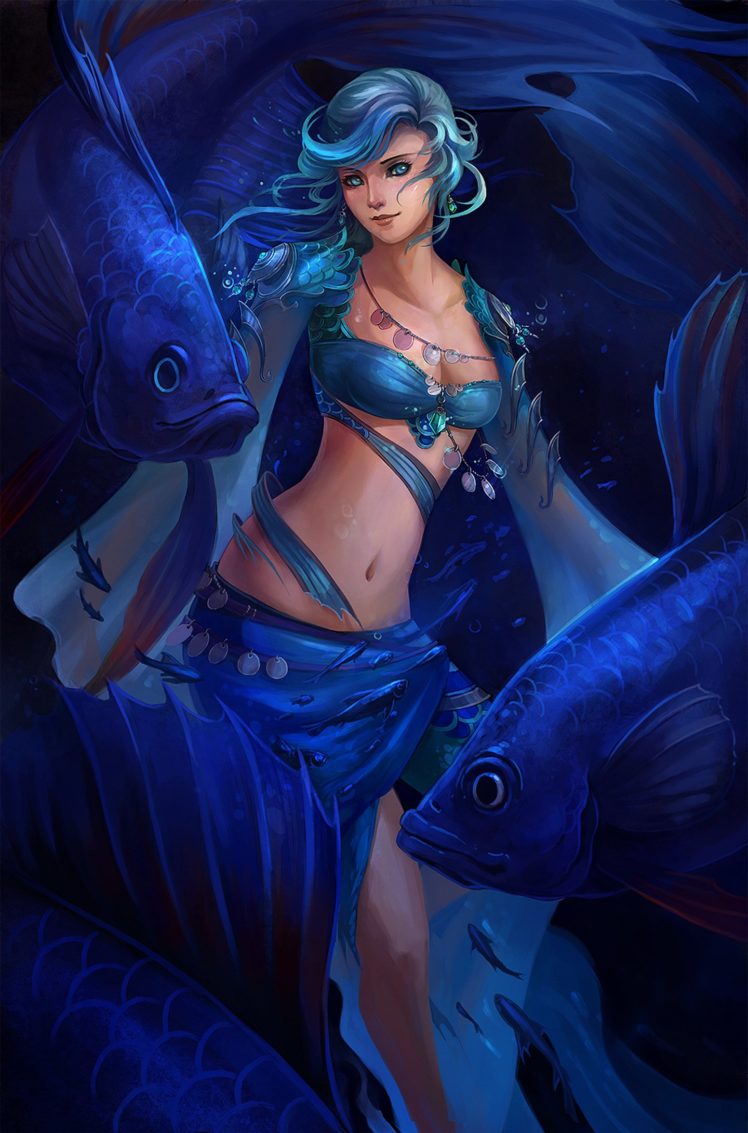 blue, Fish, Girl, Dance, Blue, Hair, Eyes, Fantastic, Girl HD Wallpaper Desktop Background