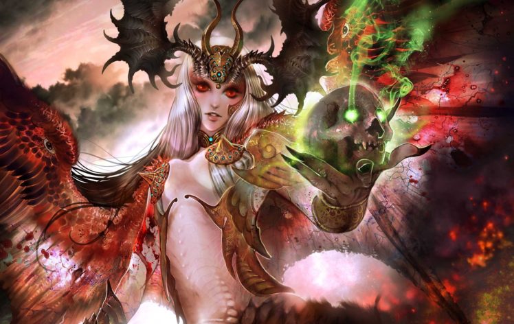 wings, Skull, Art, Demoness, Magic, Red, Eyes, Girl HD Wallpaper Desktop Background