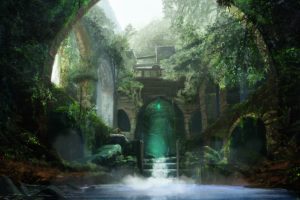 fantasy, Thicket, Water, Arch, People, Art, Ruins