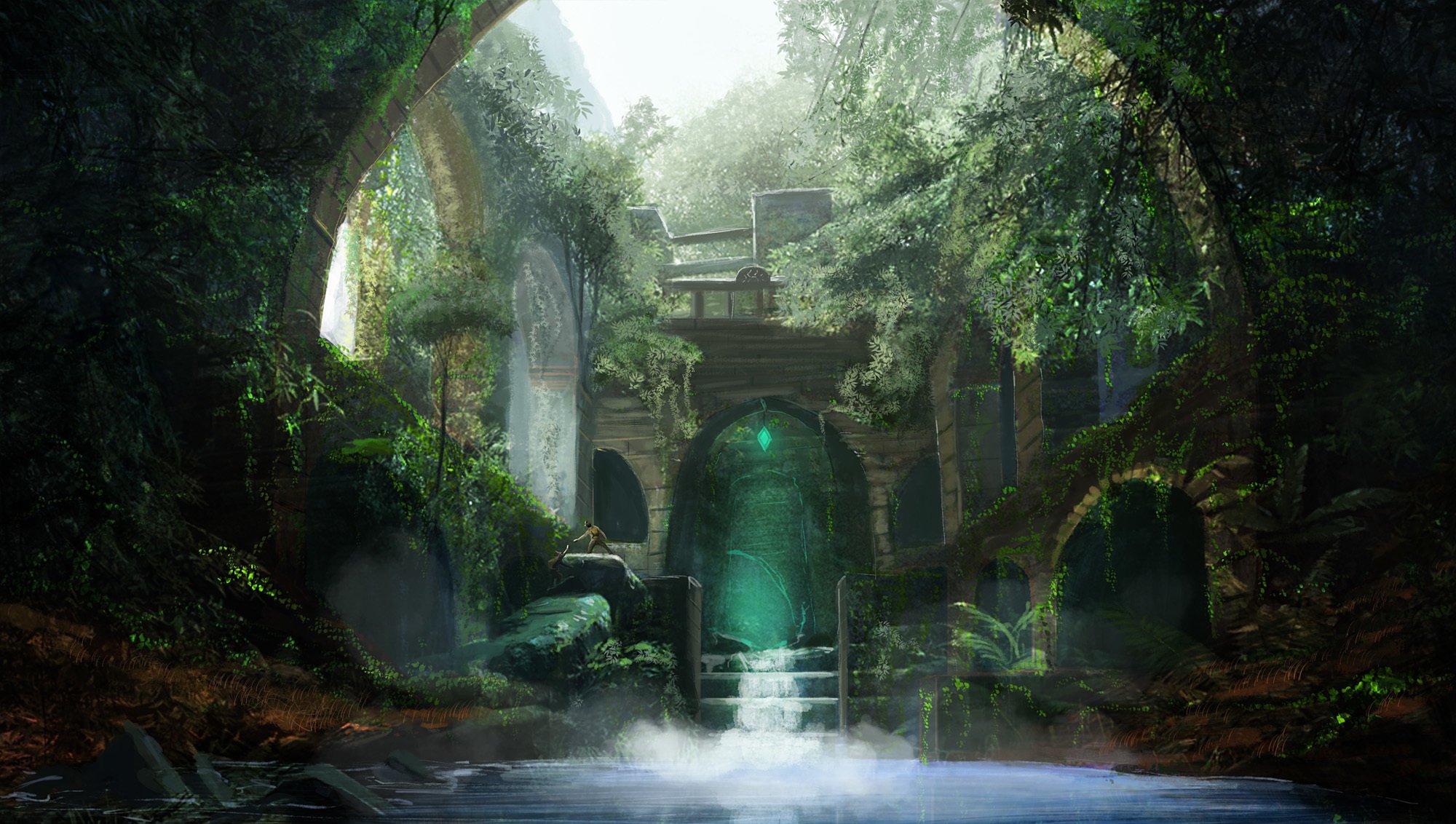 fantasy, Thicket, Water, Arch, People, Art, Ruins Wallpapers HD