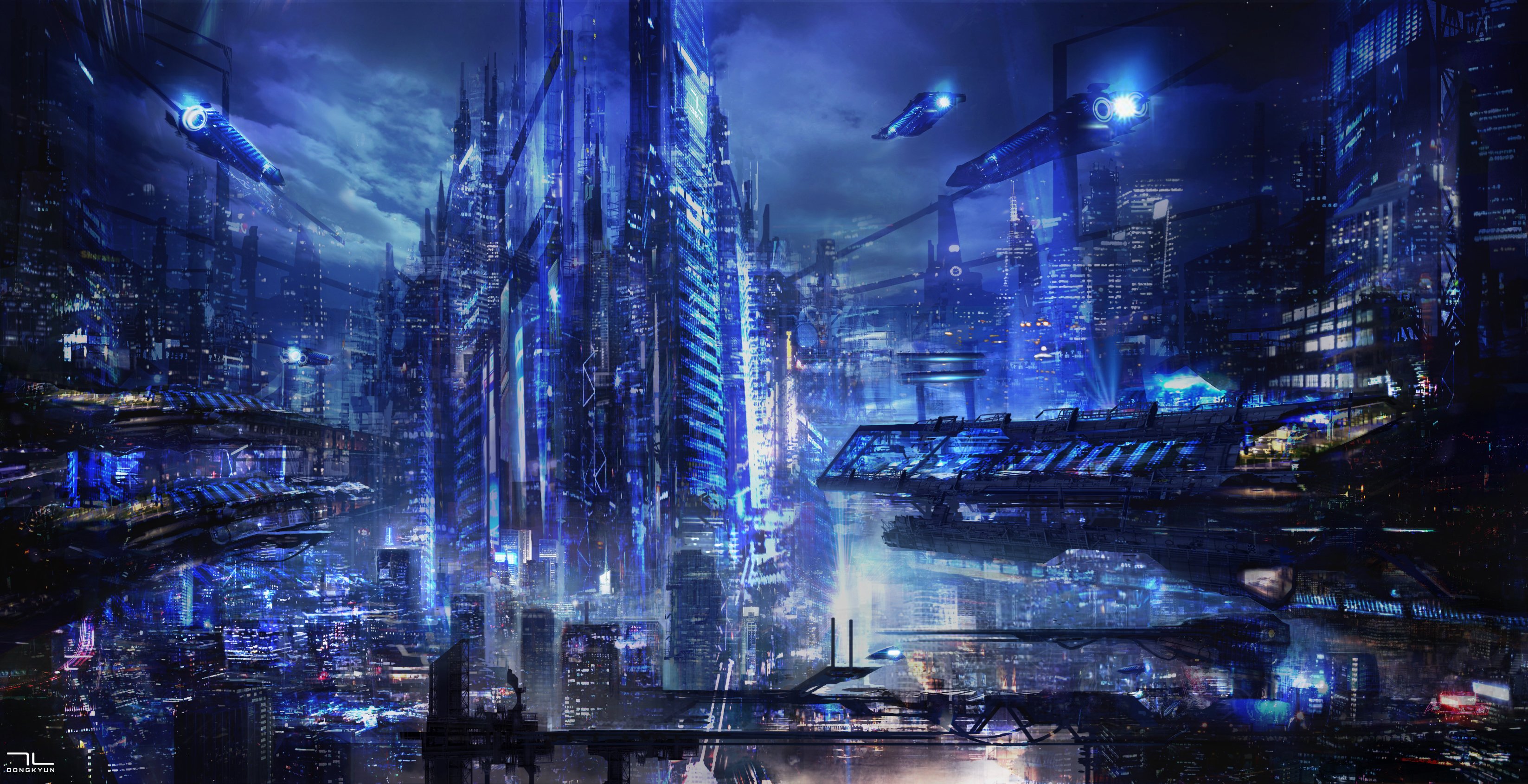 fantasy, Art, City, Transportation, Future, Blue, Amazing Wallpaper