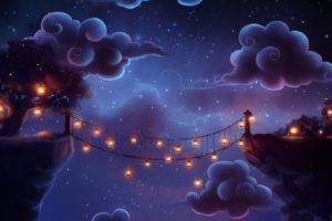 bridge, Flashlights, Clouds, Night, Fantasy, Magic