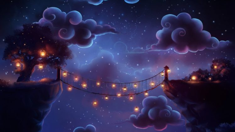bridge, Flashlights, Clouds, Night, Fantasy, Magic Wallpapers HD / Desktop  and Mobile Backgrounds