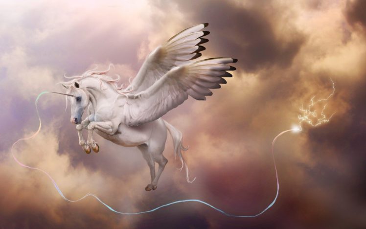 art, Unicorn, Horn, Pegasus, Wings, In, The, Sky, Magic, Lightning, Clouds, Storm HD Wallpaper Desktop Background