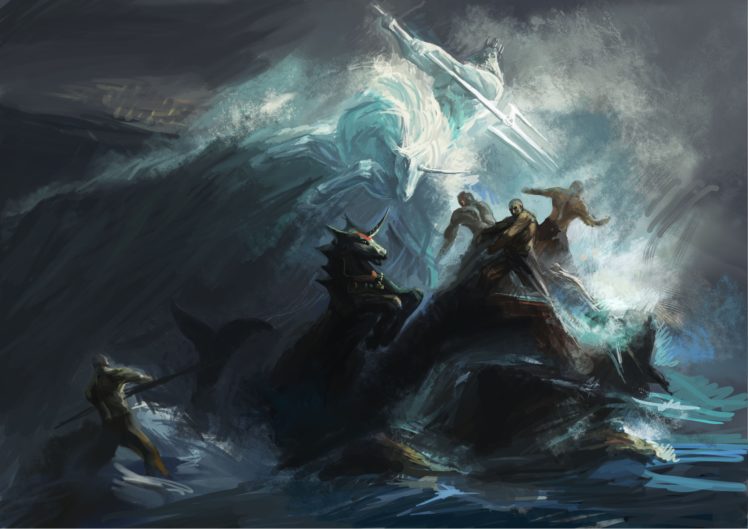 art, Battle, Sea, Storm, Storm, Ocean, Waves, Poseidon, Unicorn, Rocks, People, Trident HD Wallpaper Desktop Background