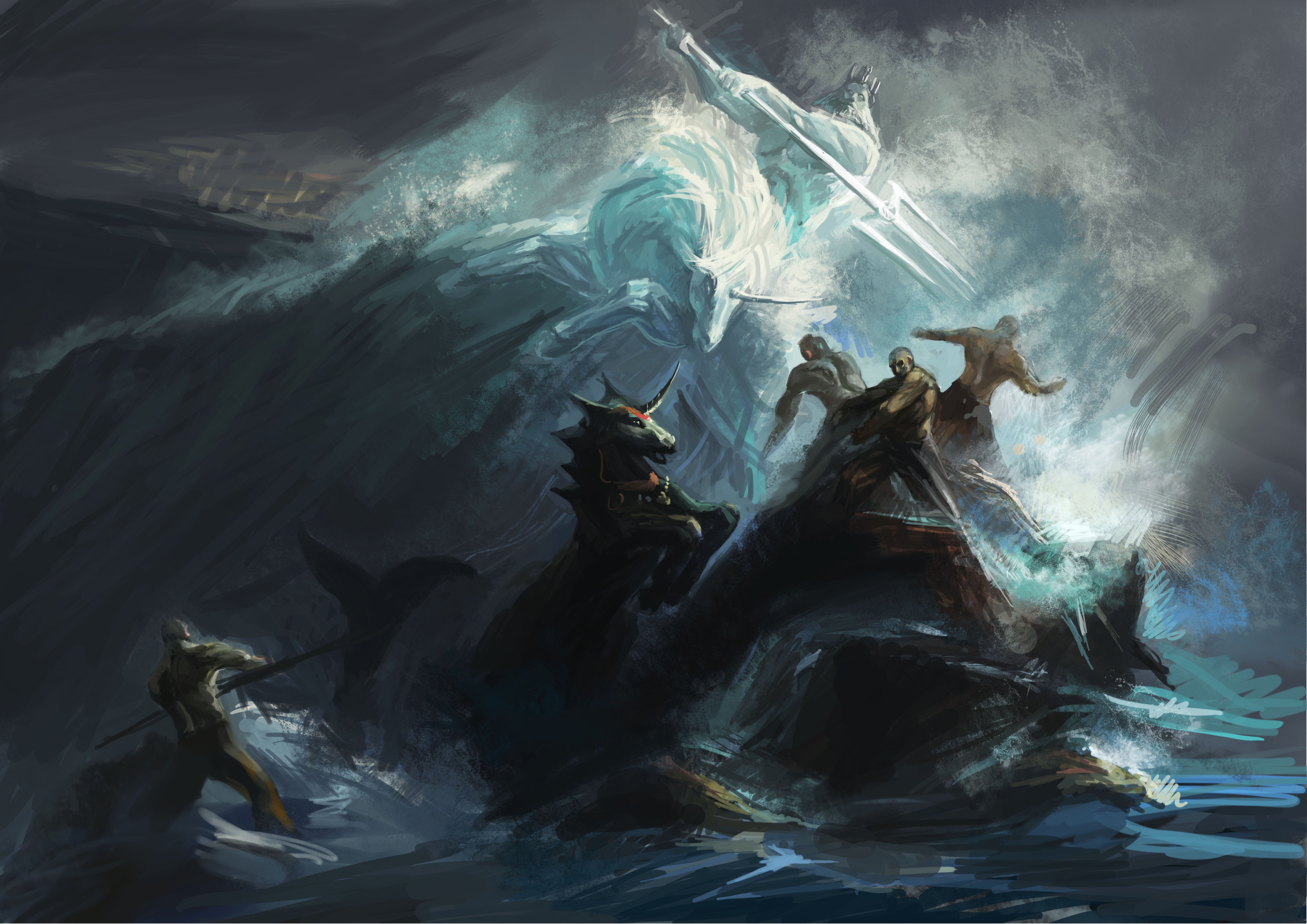 art, Battle, Sea, Storm, Storm, Ocean, Waves, Poseidon, Unicorn, Rocks, People, Trident Wallpaper