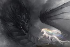 art, Dragon, Unicorn, Rainbow, Gloom
