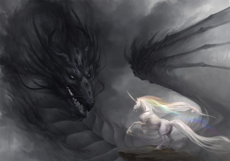 art, Dragon, Unicorn, Rainbow, Gloom HD Wallpaper Desktop Background