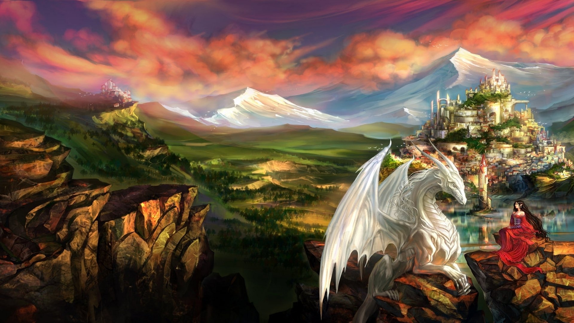 white, Dragon,  , Girl, Fantasy Wallpaper