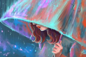 girl, Umbrella, Art, Rain