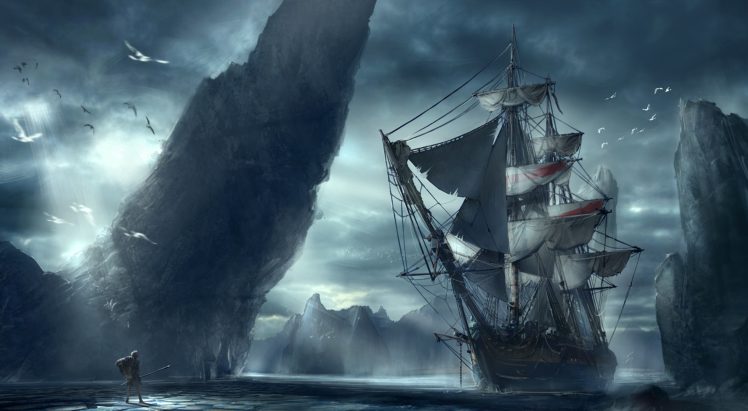 ship, Man, Mountain, Sea, Landscape HD Wallpaper Desktop Background