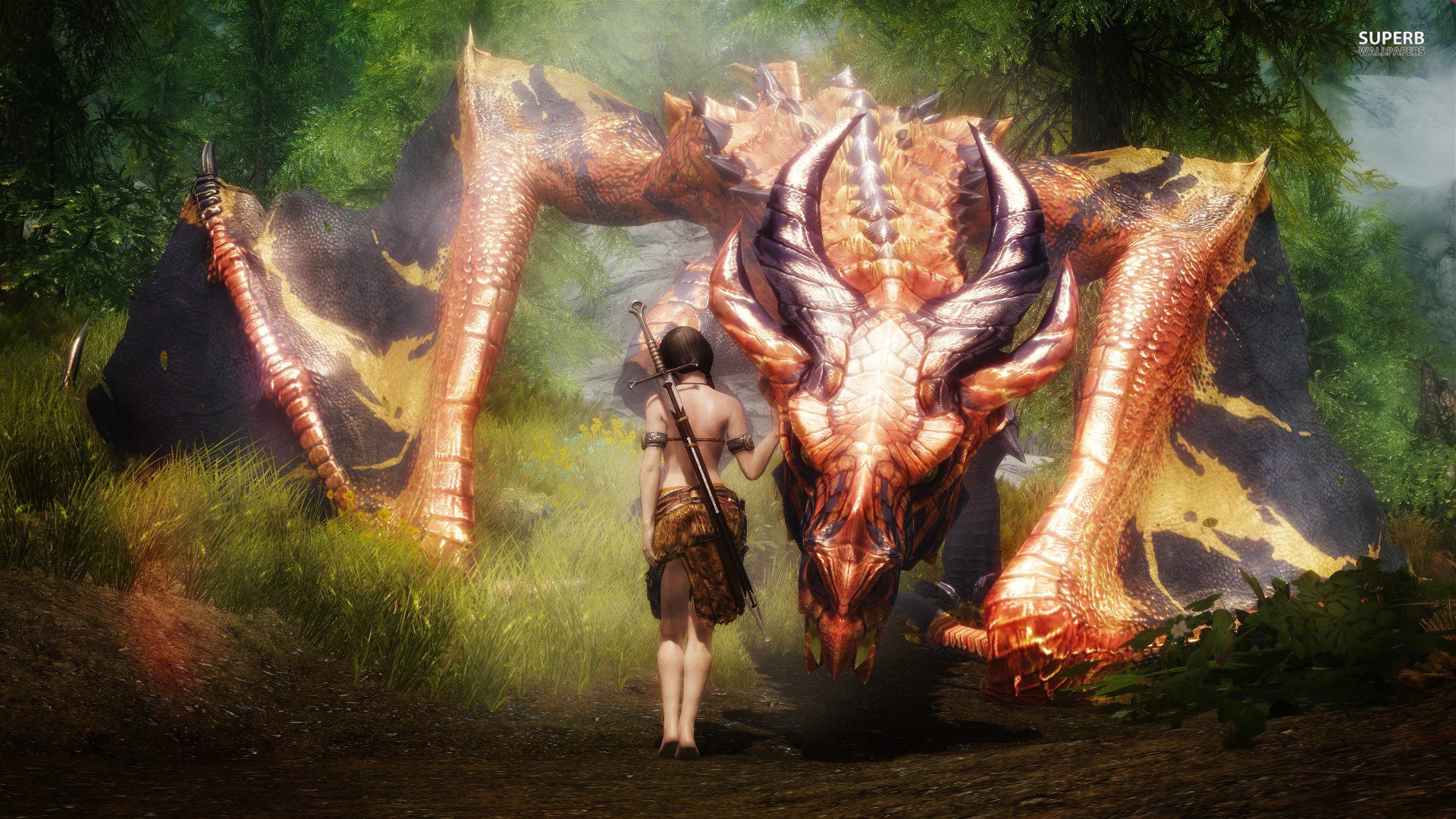 taming the dragon, Forest, Tree, Warrior, Girl Wallpaper