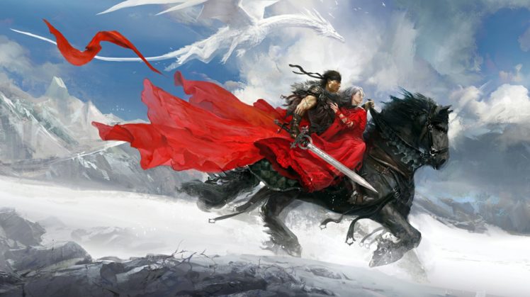 fantasy, Painting, Sword, Dragon, Ice, Snow, Red, Princes, Horse, Mountain HD Wallpaper Desktop Background