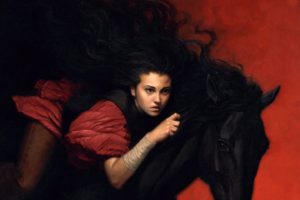 digital painting black, Horse, Girl, Red, Dress, Long, Hair
