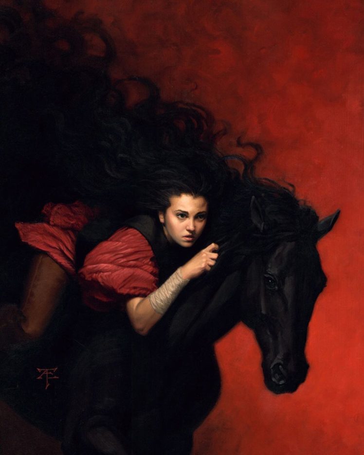 digital painting black, Horse, Girl, Red, Dress, Long, Hair HD Wallpaper Desktop Background