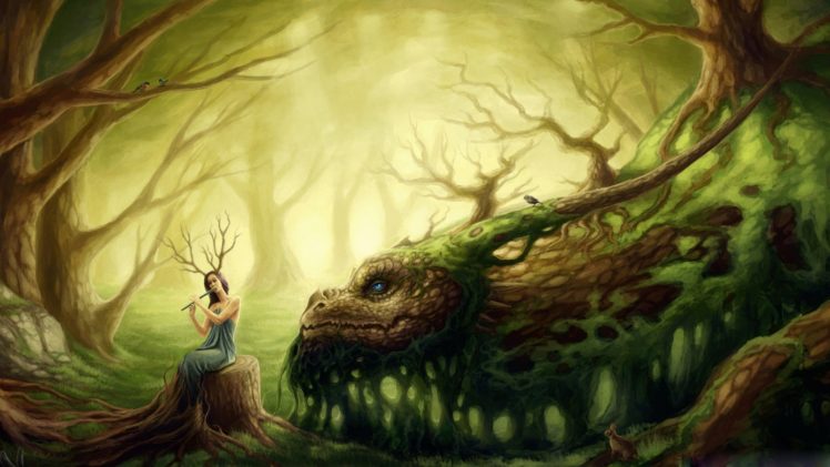 forest, Creatures green, Tree, Dragon, Animal, Girl, Bird, Music HD Wallpaper Desktop Background