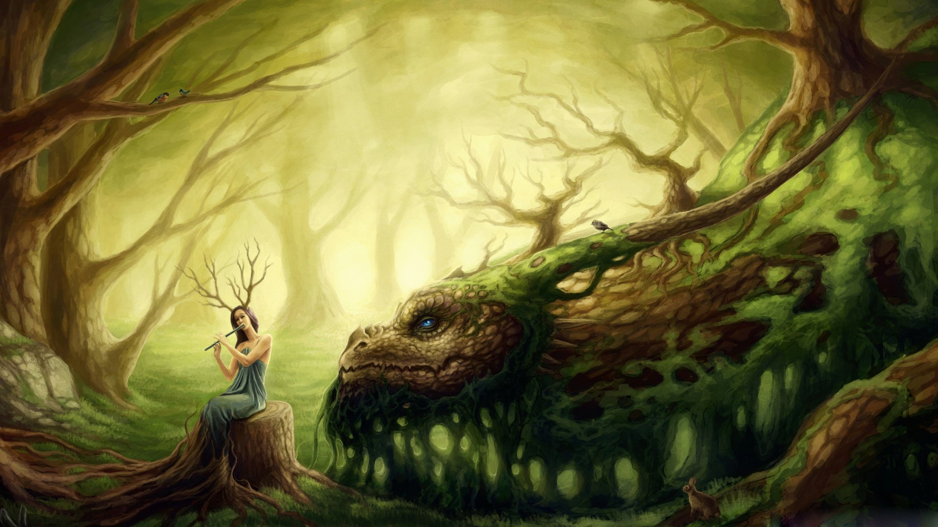 forest, Creatures green, Tree, Dragon, Animal, Girl, Bird, Music Wallpaper