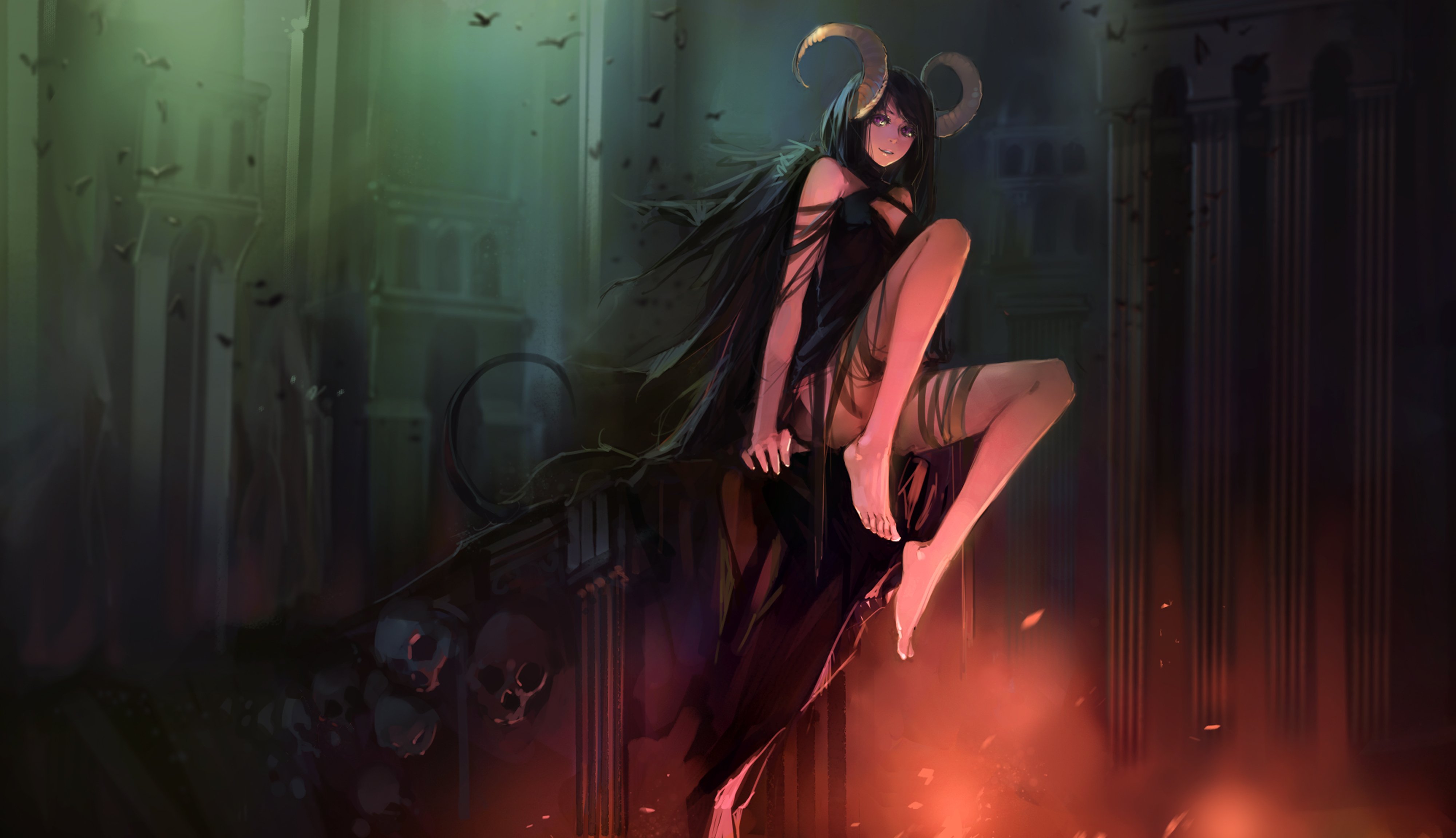 art, Daemon, Demon, Mountain, Skull, Tail, Dungeon, Building, Break, Anime Wallpaper