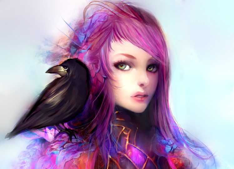 hair, Background, Raven, Bird, Beak, Face, Art, Girl HD Wallpaper Desktop Background