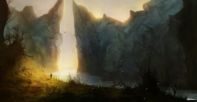 mountains, Man, Canyon, Sun, River, Art, Rocks, Landscape HD Wallpaper Desktop Background