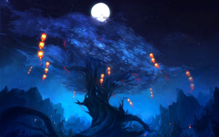 night, Rock, Art, Tree, Lanterns, Lights, The, Moon HD Wallpaper Desktop Background