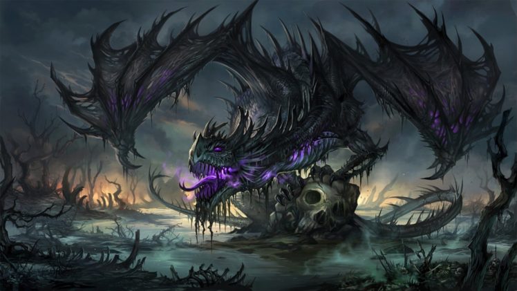 dragons,  , Gothic, Skull, Wings, Fantasy, Purple HD Wallpaper Desktop Background