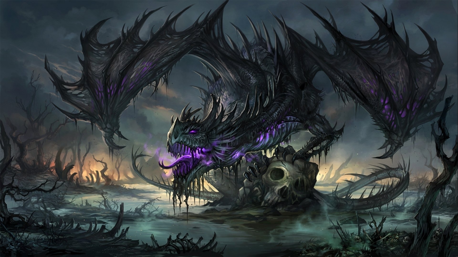 dragons,  , Gothic, Skull, Wings, Fantasy, Purple Wallpaper