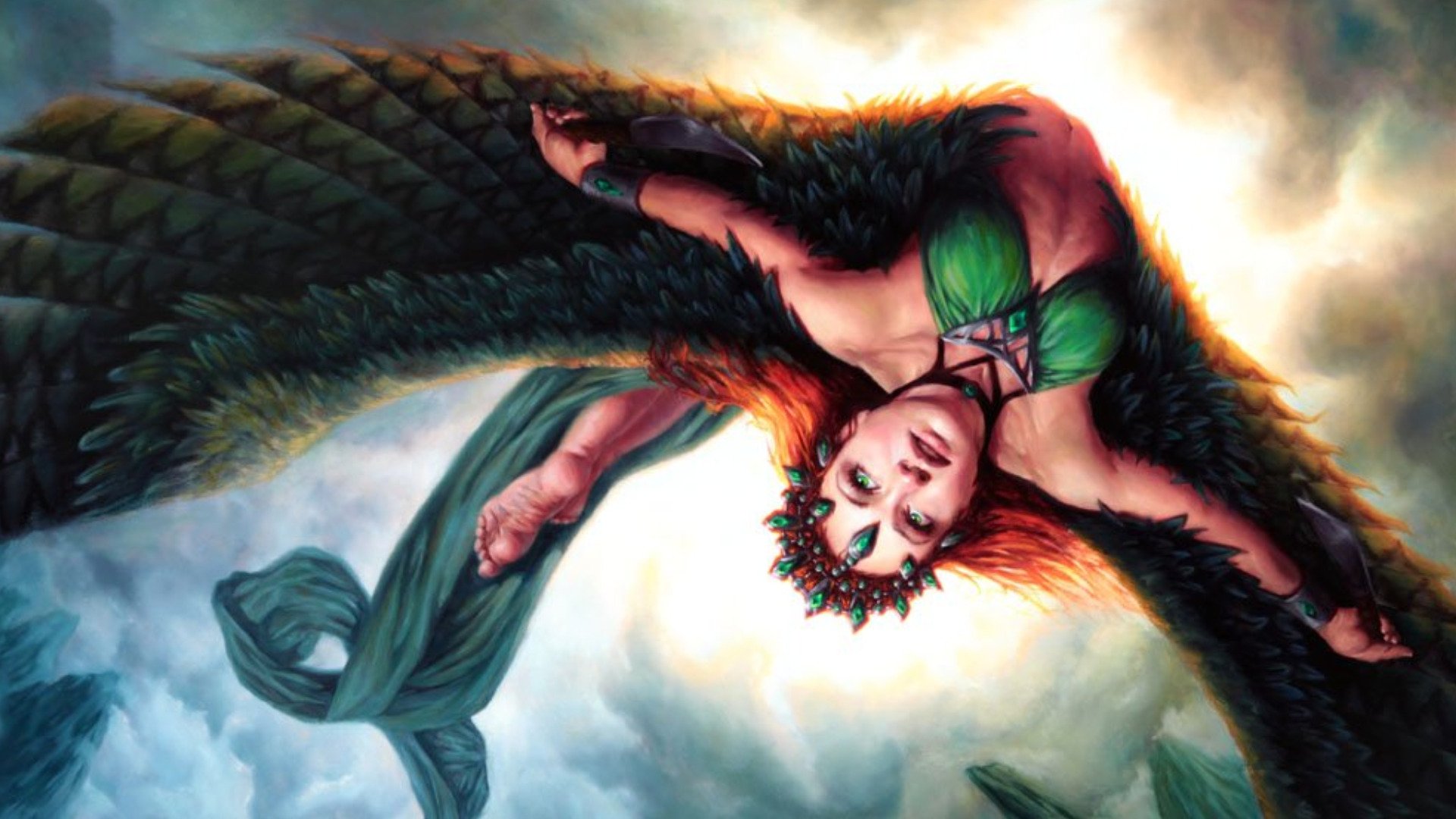 angel, Fantasy, Fly, Sky, Girl, Beautiful, Green, Eyes, Wings Wallpaper