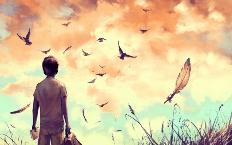 artistic,  , Painting, Sky, Feather, Bird, Free, Boy, Book HD Wallpaper Desktop Background