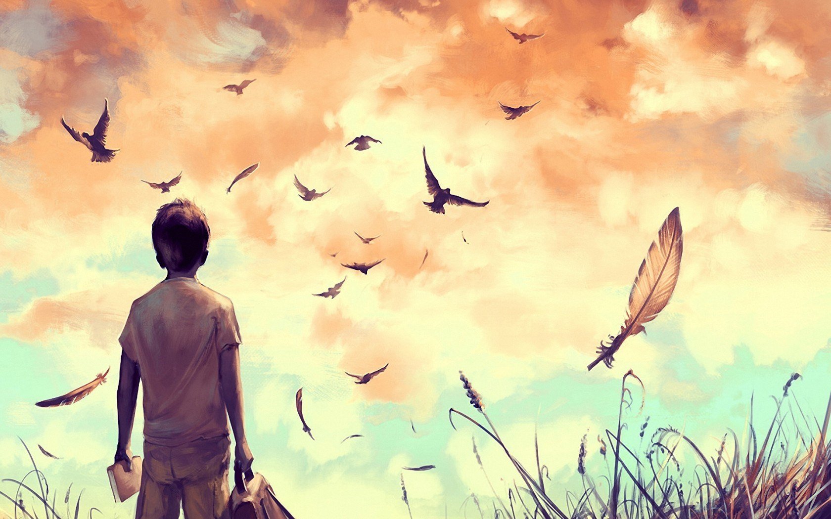 artistic,  , Painting, Sky, Feather, Bird, Free, Boy, Book Wallpaper