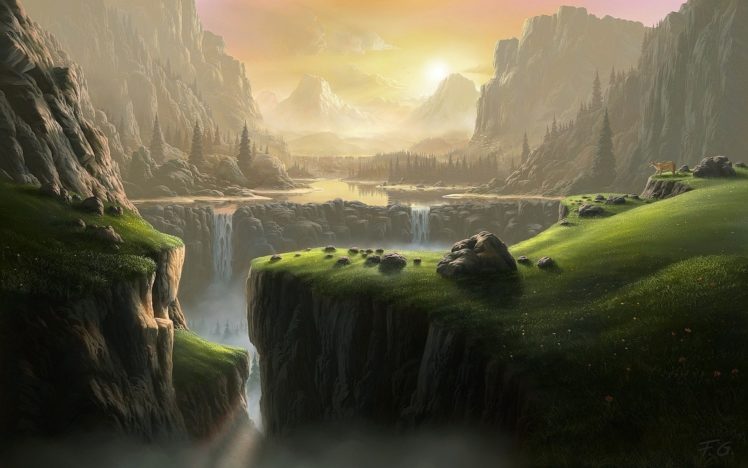 waterfall, Mountains, Graphics, Fantasy, World HD Wallpaper Desktop Background