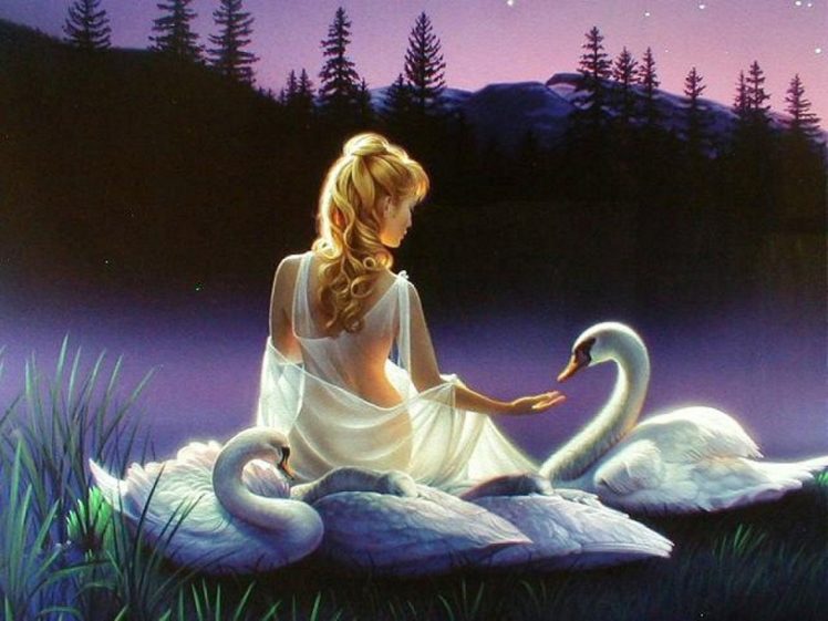 blonde, Girl, Fantasy, Lake, Animal, Forest HD Wallpaper Desktop Background