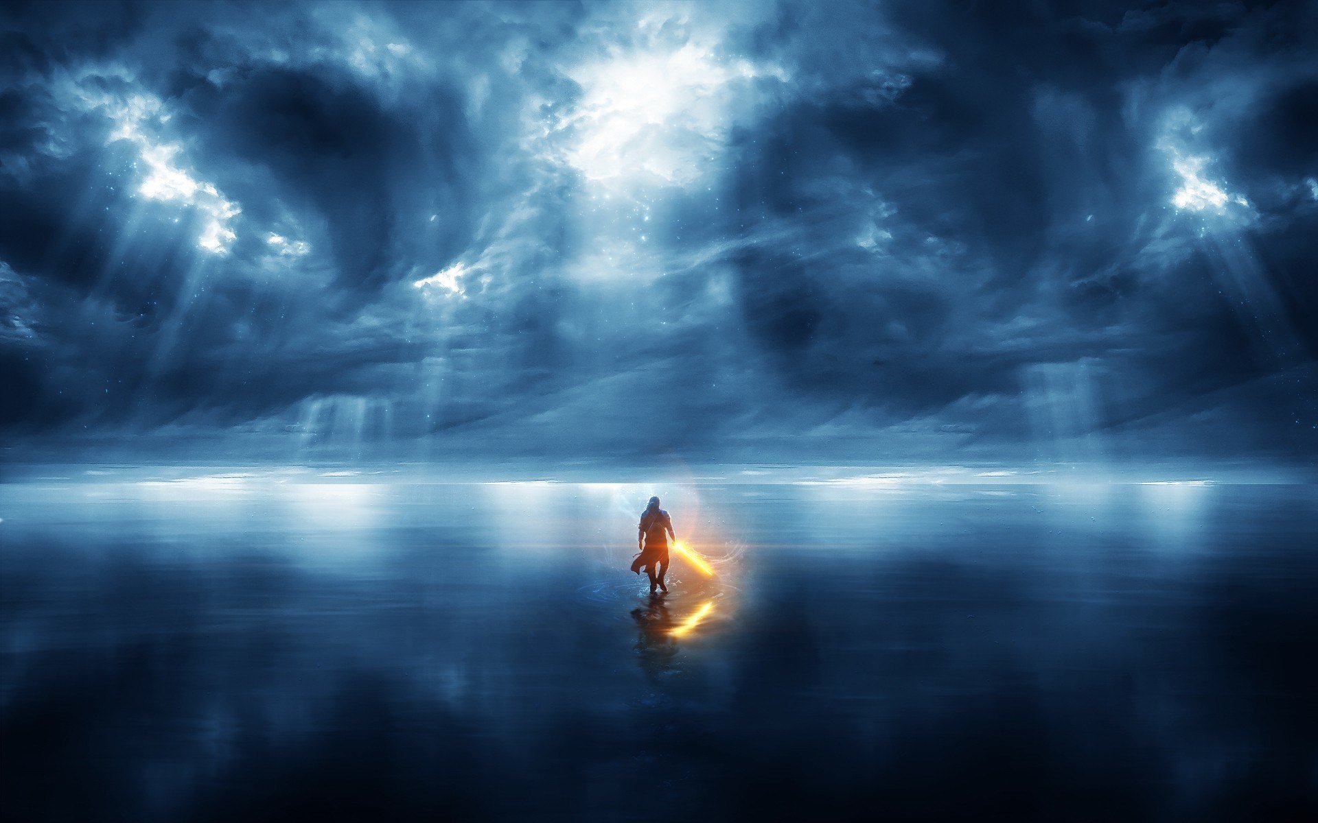 water, Clouds, Fantasy, Art, Sunlight, Ripples, Digital Wallpaper