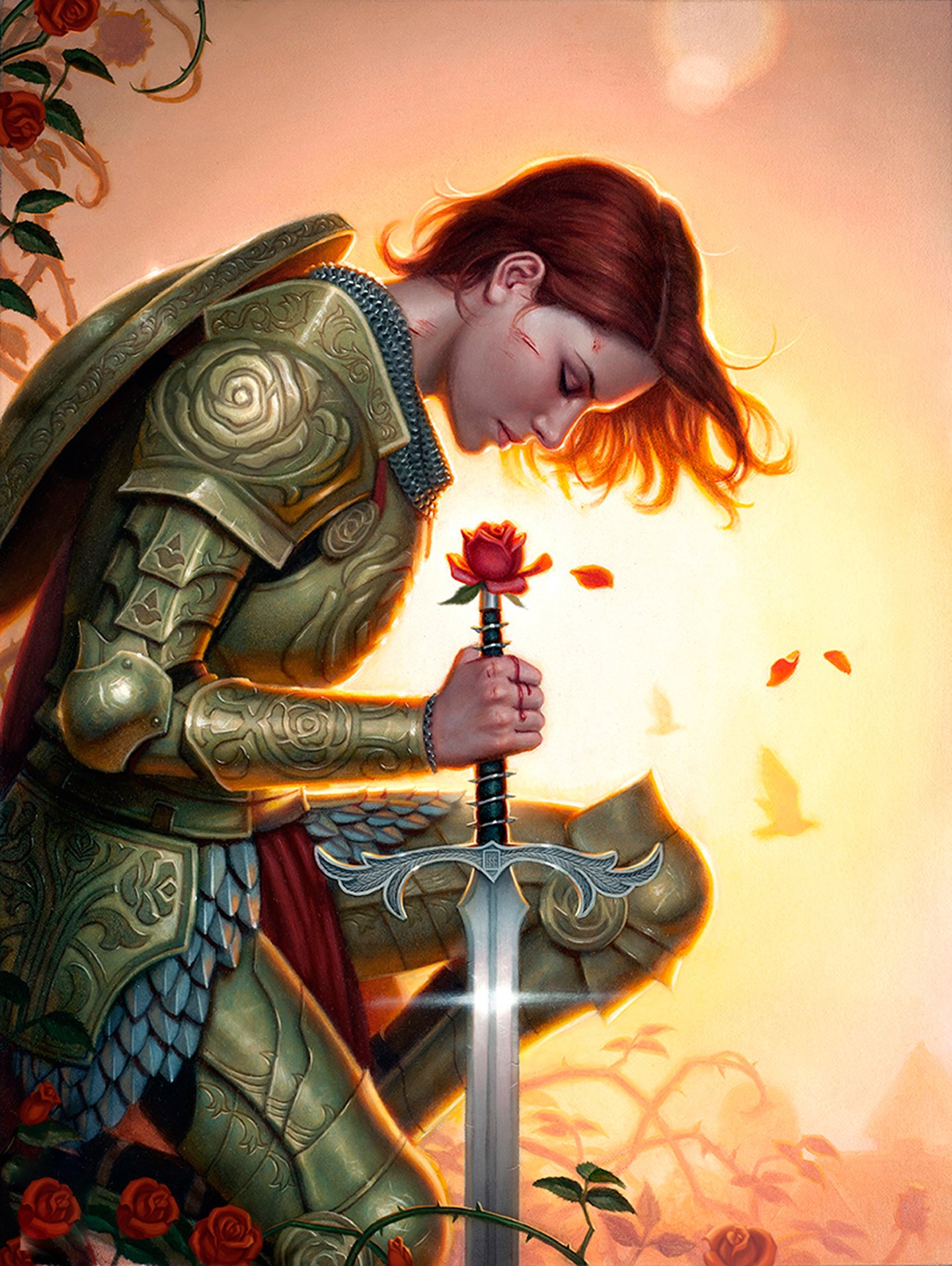 warrior, Girl, Weapon, Rose, Flower, Sword, Light Wallpaper