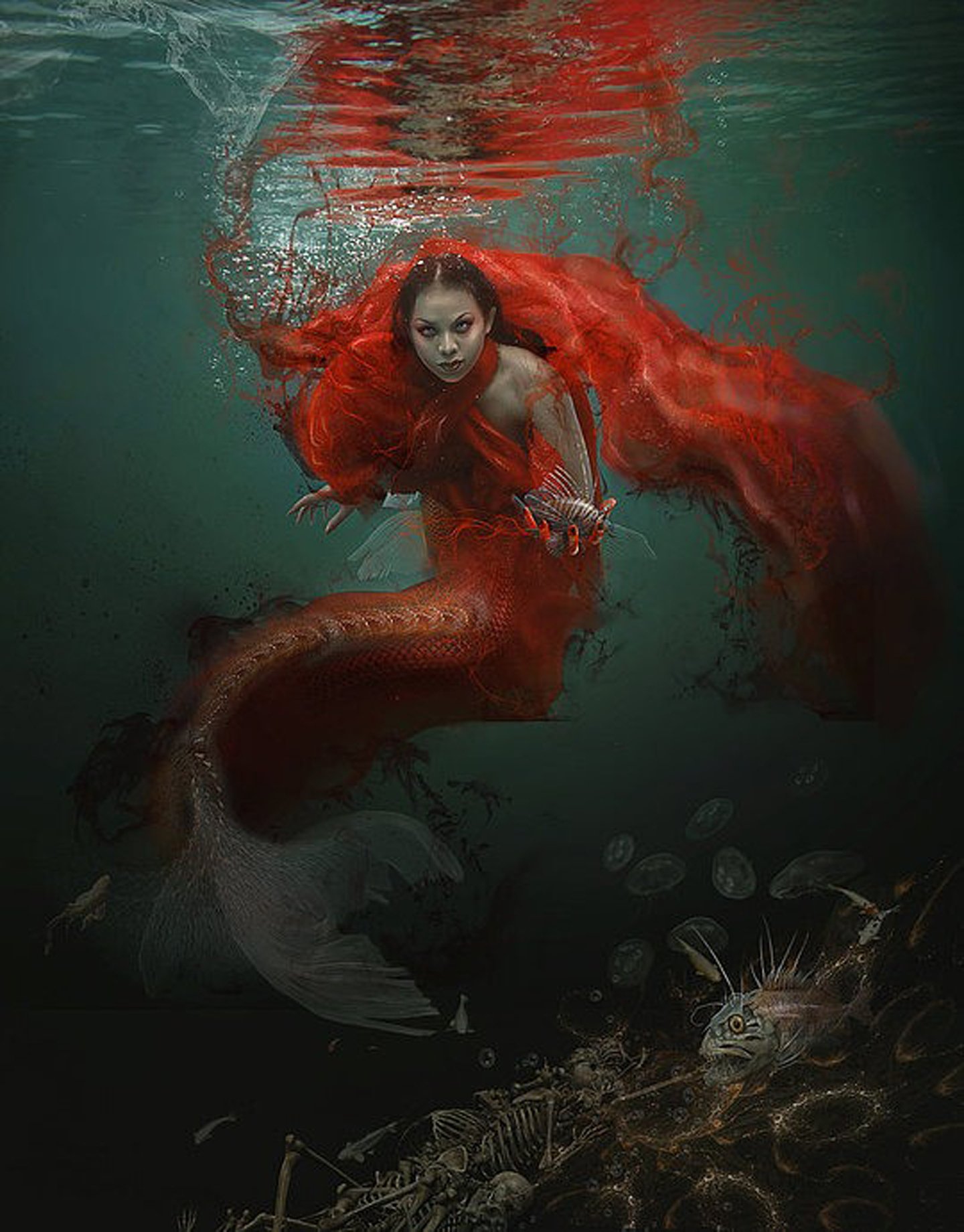 mermaid, Red, Fish, Sea, Water, Girl, Fantasy Wallpaper