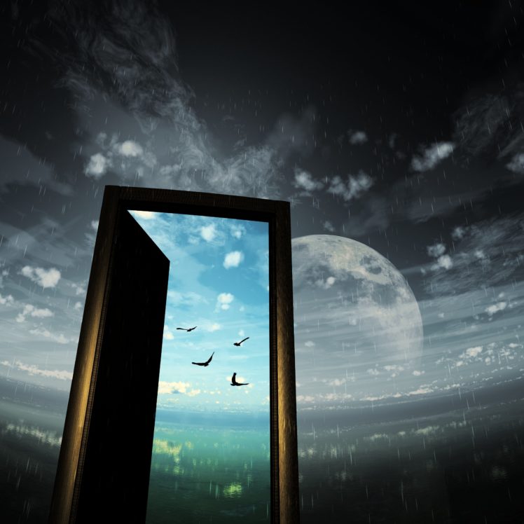 moon, Door, Sky, Bird, Rain HD Wallpaper Desktop Background