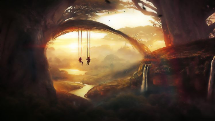 fantasy, Landscape, World, River, Girl, Boy HD Wallpaper Desktop Background