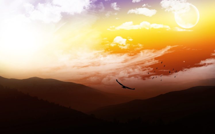 wide, Nature, Super, Bird, Mountain, Sky, Cloud, Moon, Sunset HD Wallpaper Desktop Background
