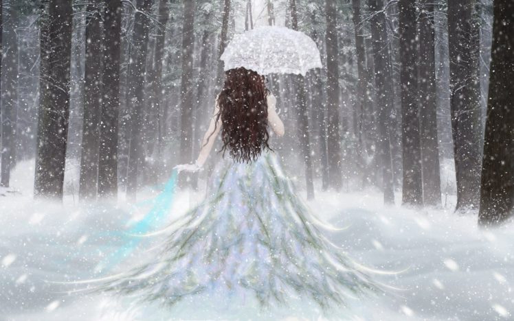 fantasy, Girl, Umbrella, Snow, Forest, White, Dress HD Wallpaper Desktop Background