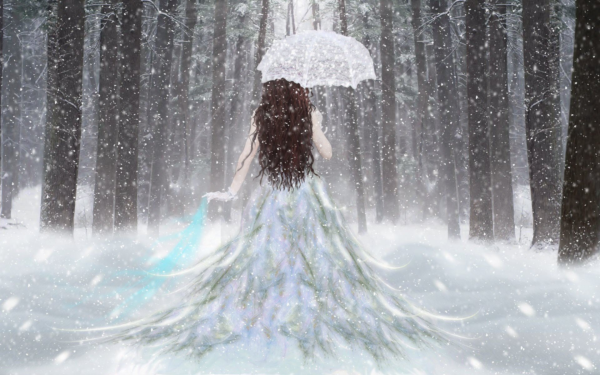 fantasy, Girl, Umbrella, Snow, Forest, White, Dress Wallpaper