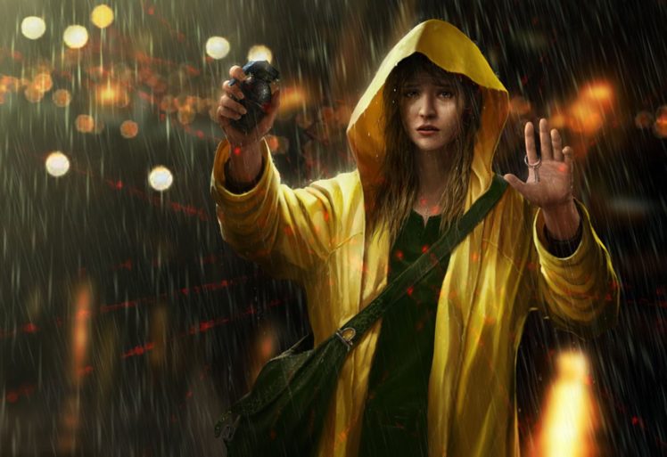 fantasy, Girl, Weapon, Red, Rain, Light, City, Looking, Bomb HD Wallpaper Desktop Background