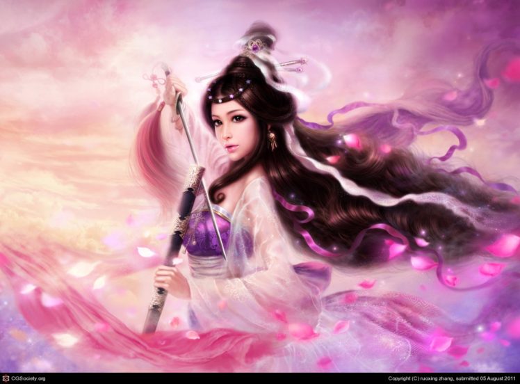 warrior, Fantasy, Girl, Flower, Petals, Long, Hair, Sword, Beautiful HD Wallpaper Desktop Background