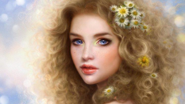 fantasy, Girl, Blue, Eyes, Beautiful, Face, Blonde, Girl, Daisy, Hair, Flower HD Wallpaper Desktop Background