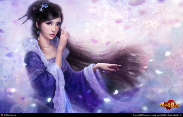 fantasy, Girl, Kimono, Long, Hair, Petals, Beautiful HD Wallpaper Desktop Background