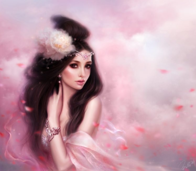 fantasy, Girl, Pink, Dress, Long, Hair, Petals, Beautiful, Flower HD Wallpaper Desktop Background