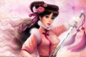 fantasy, Girl, Kimono, Long, Hair, Petals, Beautiful, Sword, Flower